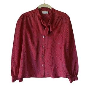 Vintage Womens Fire Islander Petites Tie Bow Blouse Red Print Sz 6 Boho 70s USA